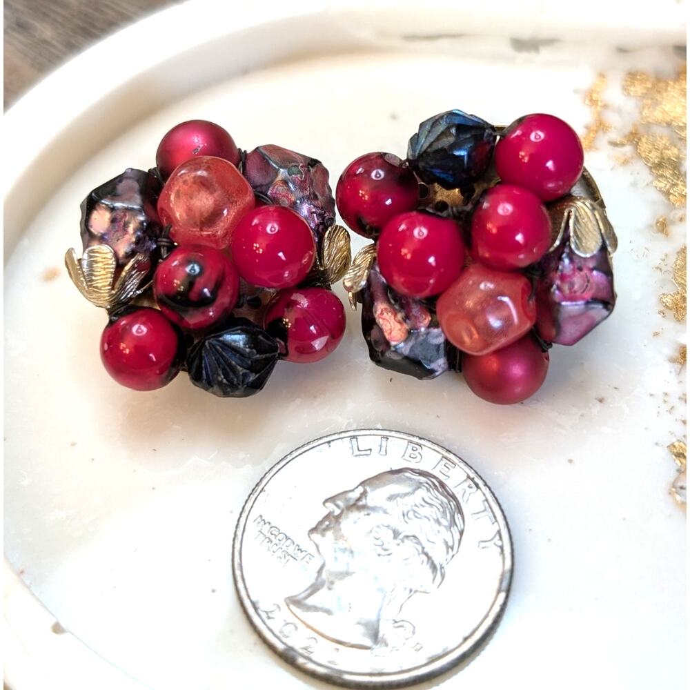 Vintage Cluster Clip On Earrings Pink Red Burgundy Beaded Hong Kong